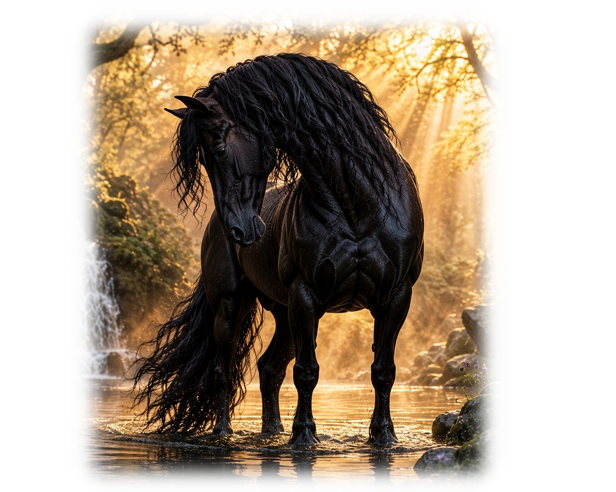 Motiv: Friese am Wasserfall – Hoodie – KI-gestaltetes Pferdemotiv