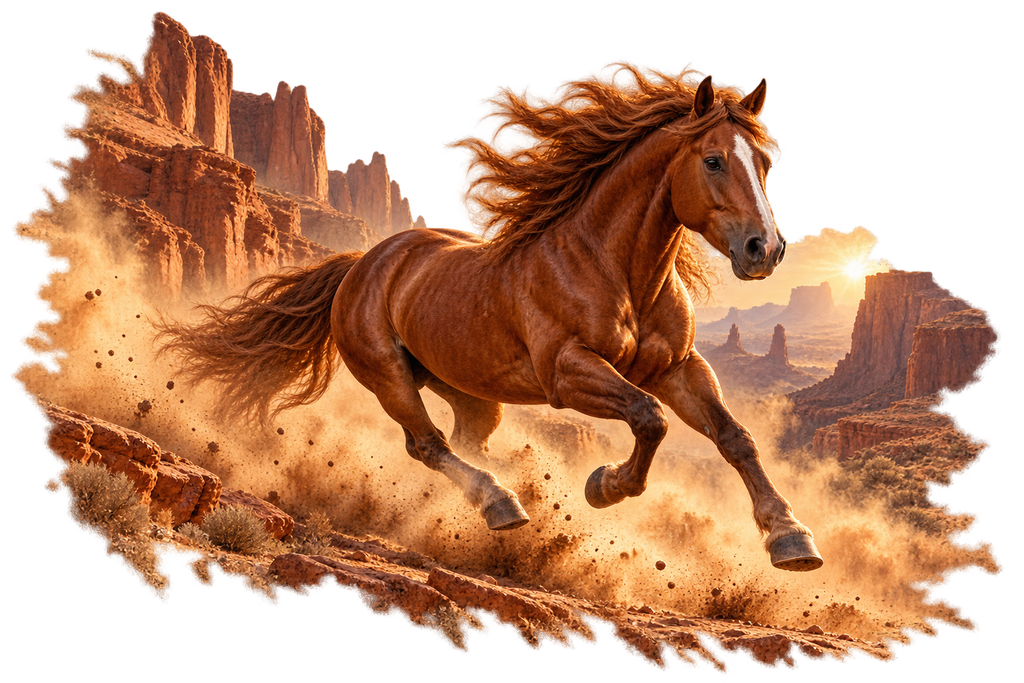 Motiv: Mustang im roten Canyon – Kinder-T-Shirt Bio – KI-gestaltetes Pferdemotiv