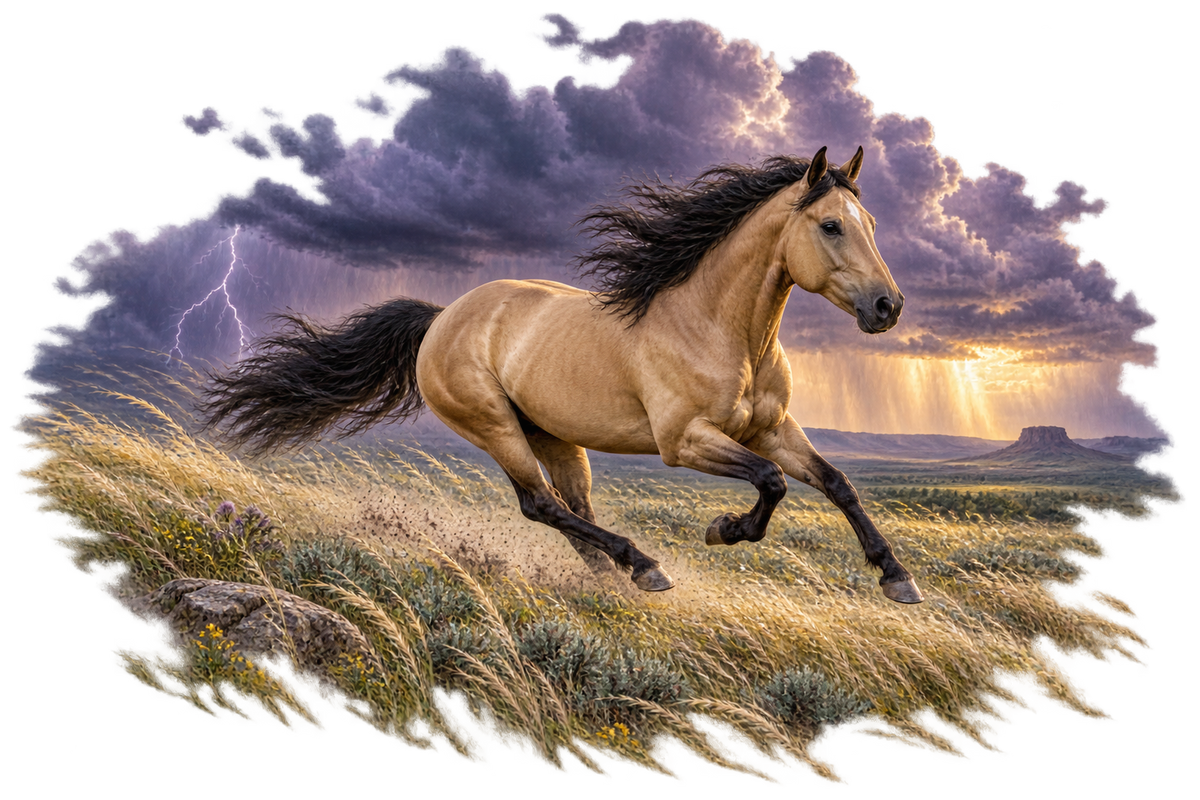Motiv: Buckskin im Prärie-Gewitter – Herren-Tank-Top – KI-gestaltetes Pferdemotiv