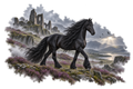 Motiv: Friese zwischen Nebel und Ruinen – Hoodie mit Rückendruck – KI-gestaltetes Pferdemotiv