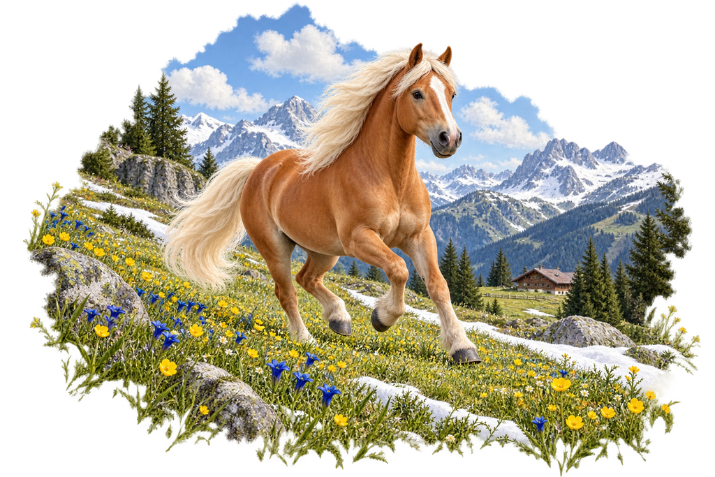 Motiv: Haflinger auf der Frühlingsalm – Pullover – KI-gestaltetes Pferdemotiv