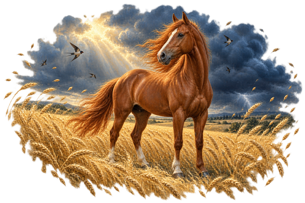 Motiv: Fuchs im Weizenfeld vor dem Gewitter – Cropped Hoodie – KI-gestaltetes Pferdemotiv