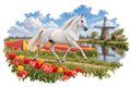 Motiv: Schimmel im Tulpenfeld – Hoodie mit Rückendruck – KI-gestaltetes Pferdemotiv