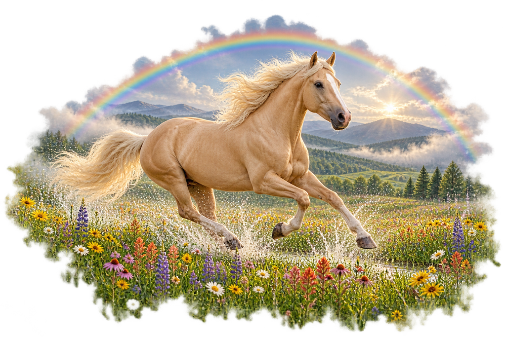 Motiv: Palomino unterm Regenbogen – Kinder-T-Shirt Bio – KI-gestaltetes Pferdemotiv