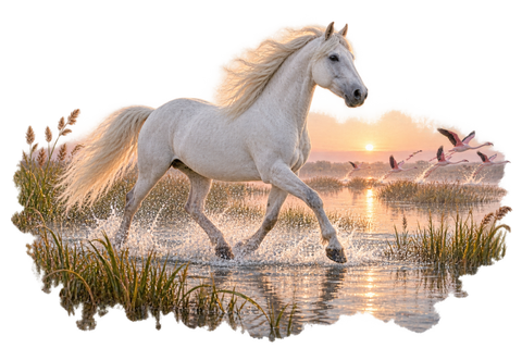 Camargue-Pferd im Flamingo-Marschland – Hoodie mit Rückendruck