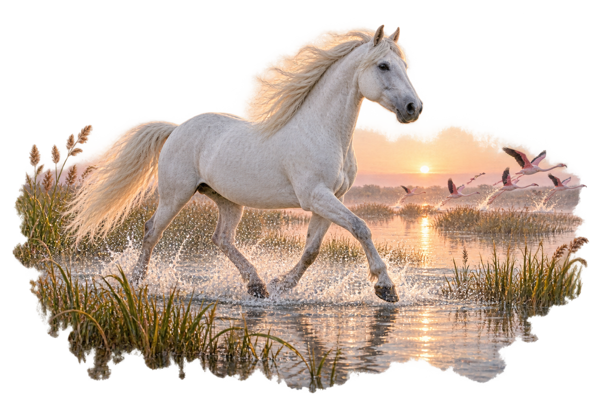 Motiv: Camargue-Pferd im Flamingo-Marschland – Bio-T-Shirt Herren – KI-gestaltetes Pferdemotiv