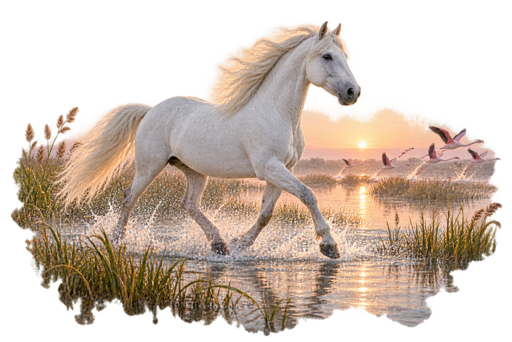 Motiv: Camargue-Pferd im Flamingo-Marschland – Tank-Top – KI-gestaltetes Pferdemotiv