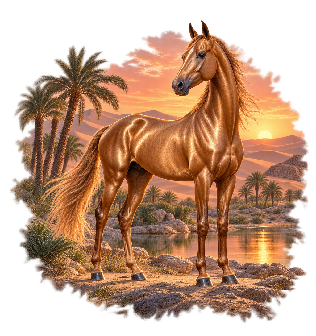 Motiv: Akhal-Teke an der Wüstenoase – T-Shirt – KI-gestaltetes Pferdemotiv