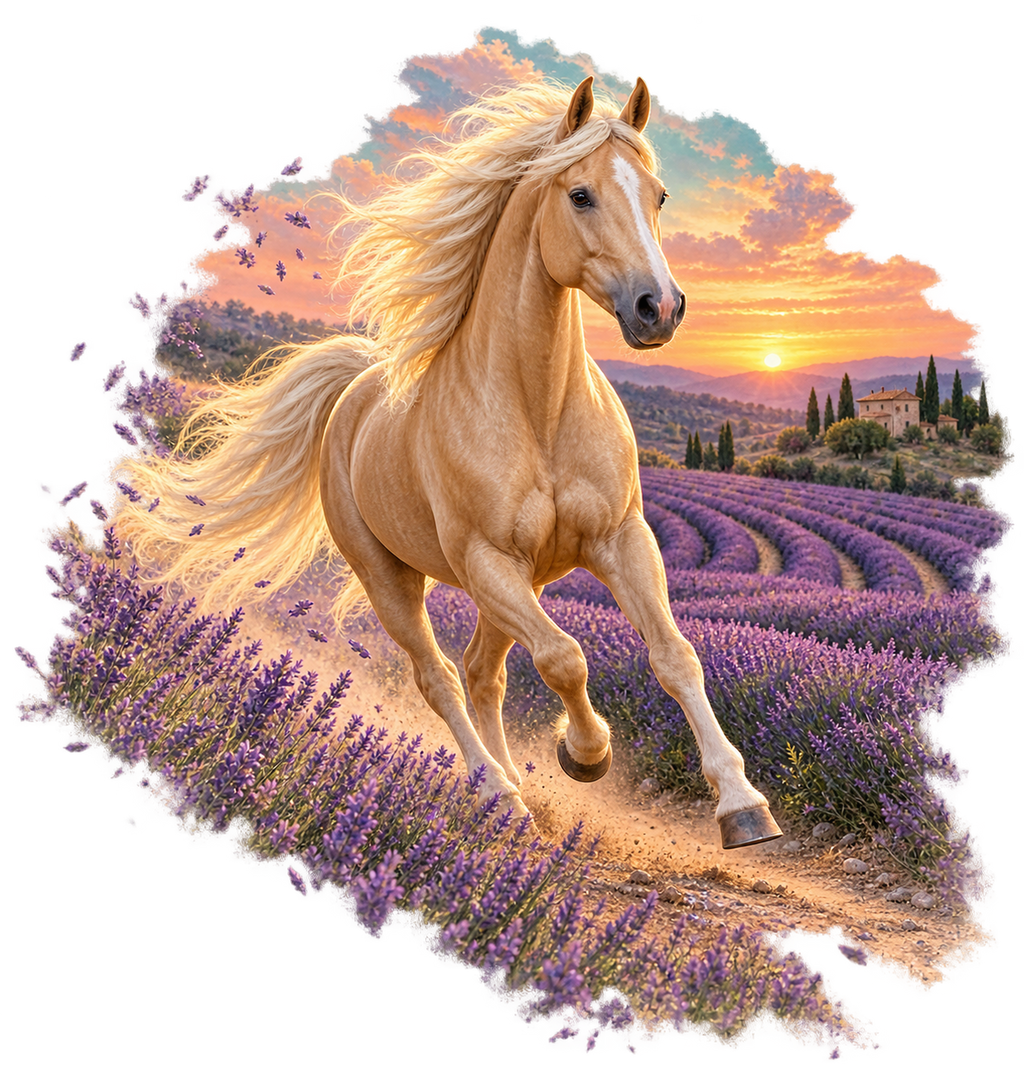 Motiv: Palomino im Lavendelabend – Kinder-Hoodie – KI-gestaltetes Pferdemotiv