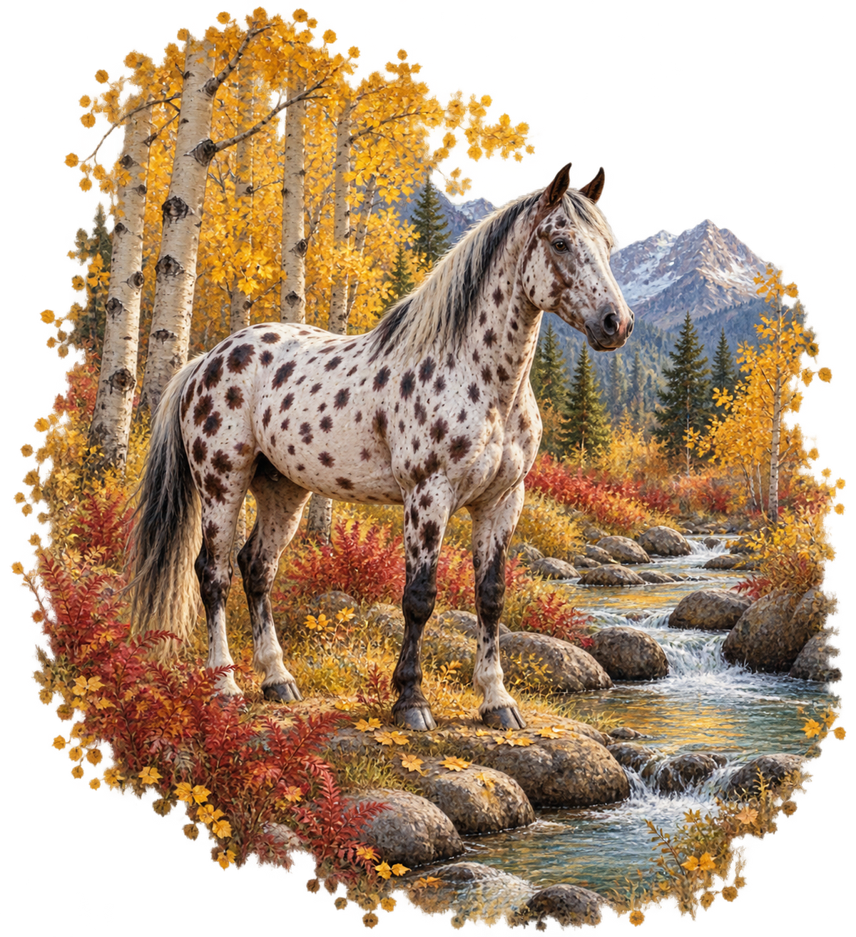 Motiv: Appaloosa im herbstlichen Espenwald – Hoodie mit Rückendruck – KI-gestaltetes Pferdemotiv