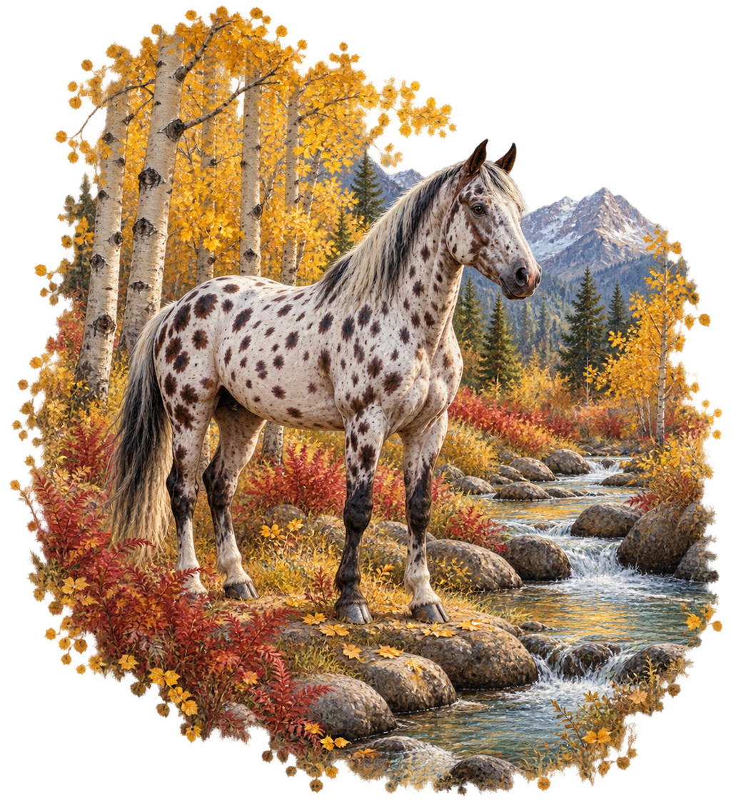 Motiv: Appaloosa im herbstlichen Espenwald – Crop-Top – KI-gestaltetes Pferdemotiv
