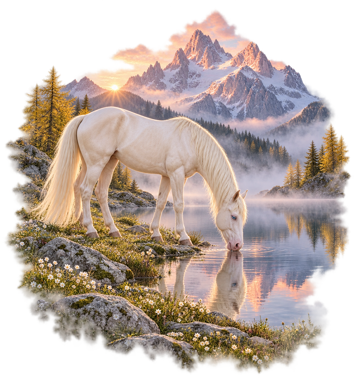 Motiv: Cremello am Alpensee im Morgengrauen – Cropped Hoodie – KI-gestaltetes Pferdemotiv