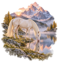 Motiv: Cremello am Alpensee im Morgengrauen – T-Shirt – KI-gestaltetes Pferdemotiv