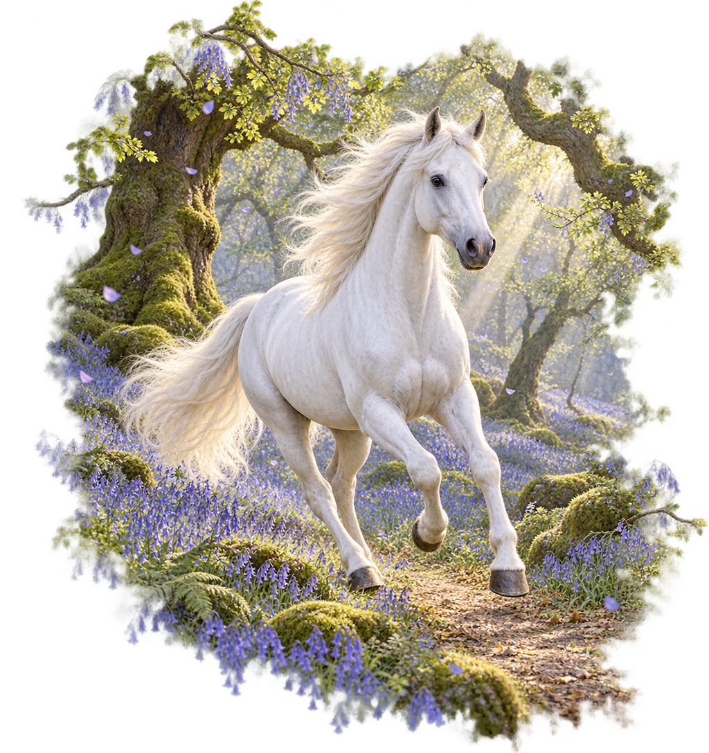Motiv: Weißes Pferd im Glockenblumenwald – Damen-T-Shirt – KI-gestaltetes Pferdemotiv