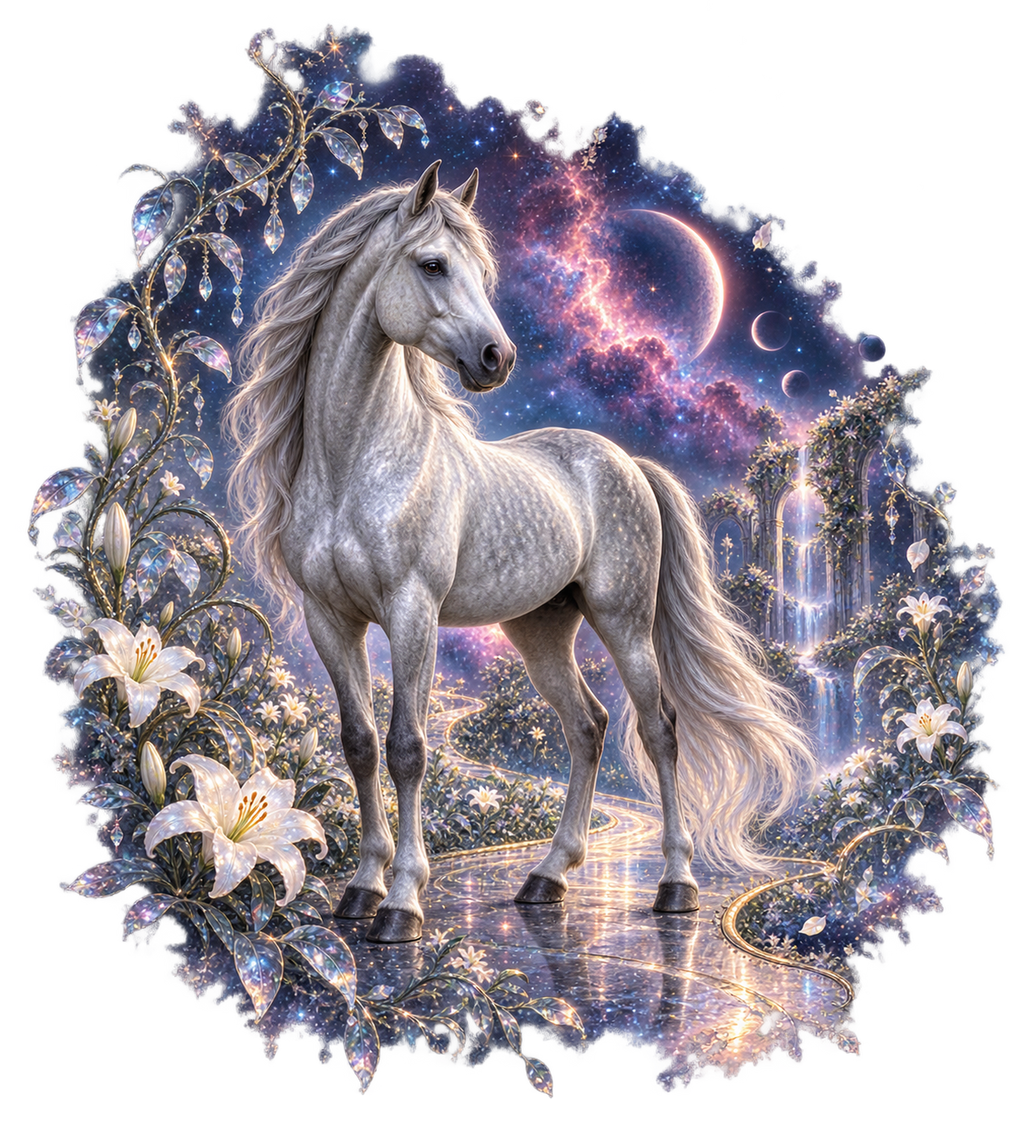 Motiv: Silberpferd im kosmischen Liliengarten – Hoodie – KI-gestaltetes Pferdemotiv