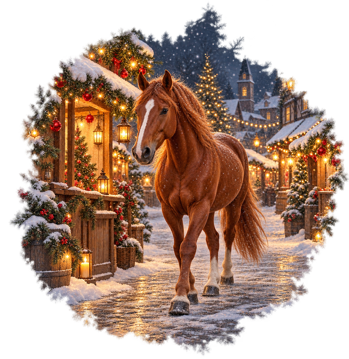 Motiv: Fuchs auf dem Weihnachtsmarkt – Pullover mit Rückendruck – KI-gestaltetes Pferdemotiv