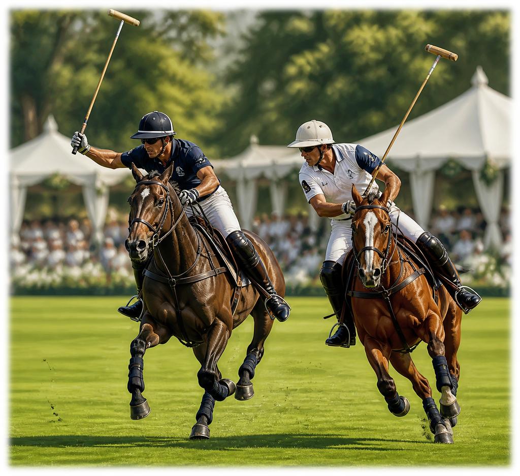 Motiv: Zweikampf auf dem Polofeld – Hoodie – KI-gestaltetes Pferdemotiv