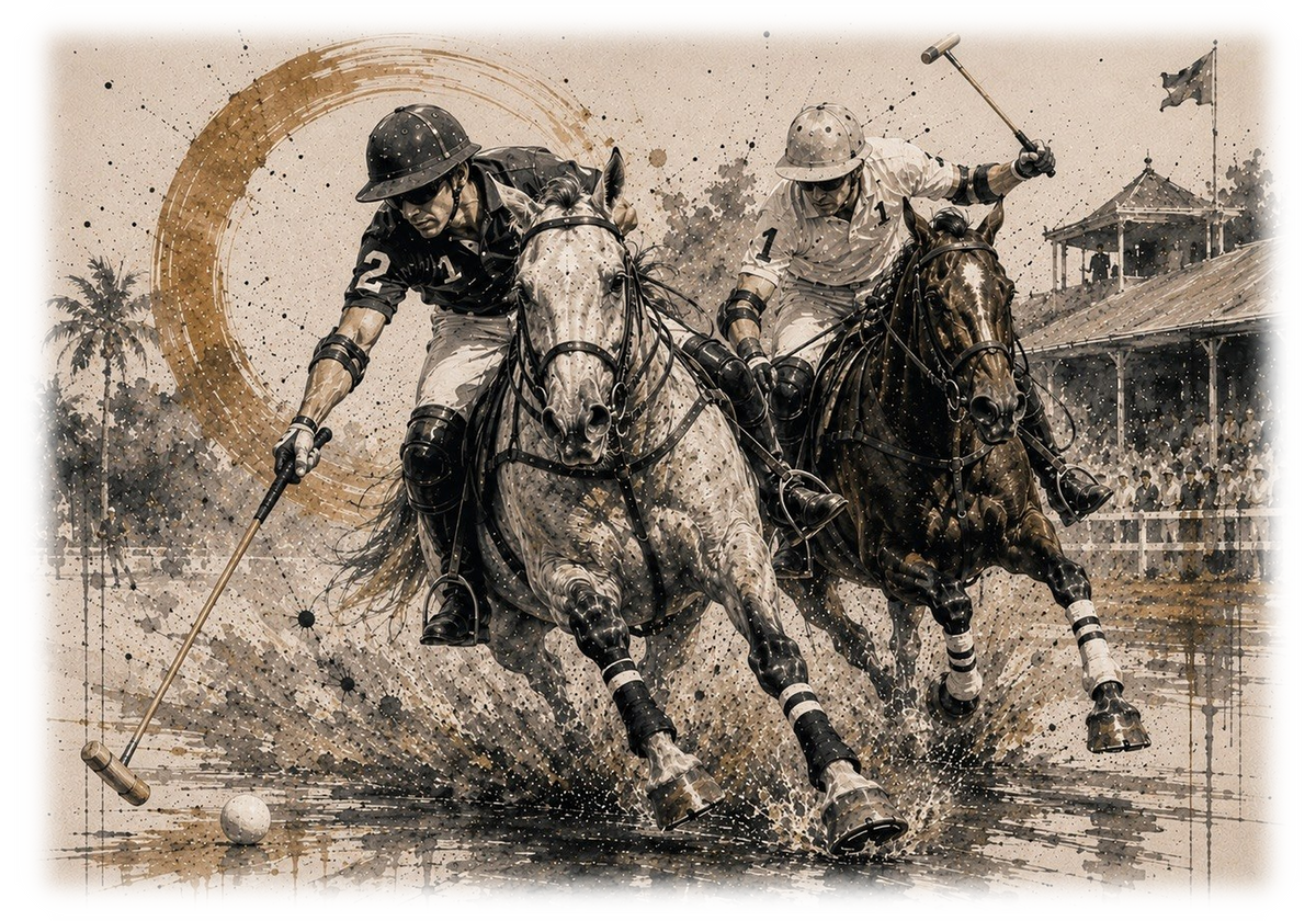 Motiv: Polo unter Palmen – T-Shirt – KI-gestaltetes Pferdemotiv