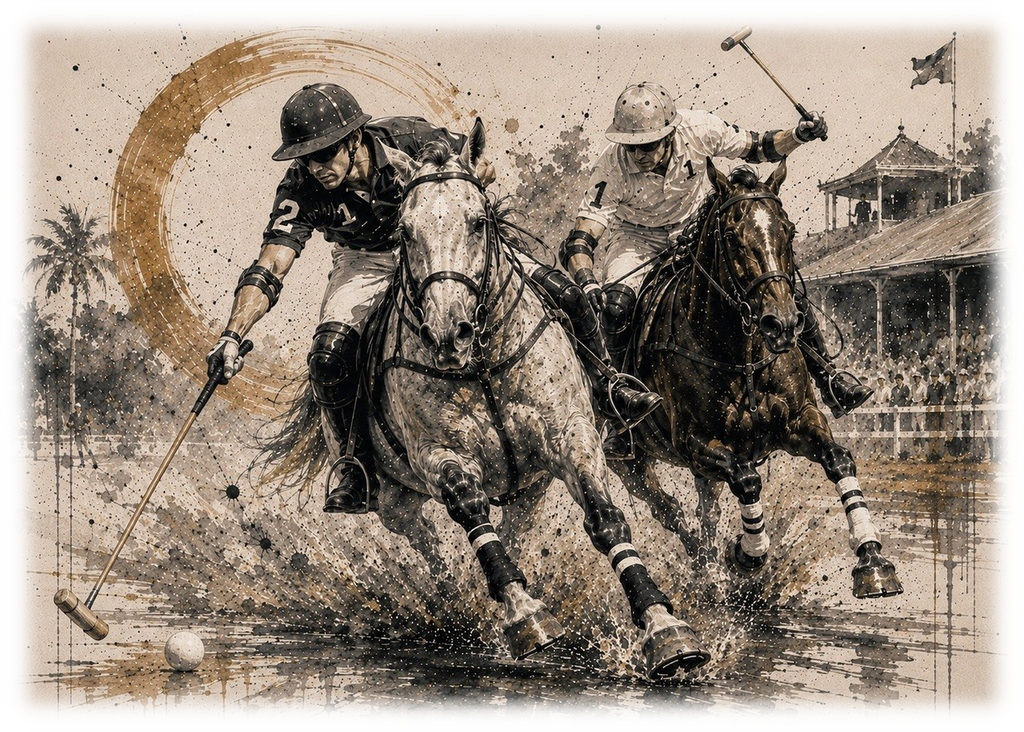 Motiv: Polo unter Palmen – Hoodie – KI-gestaltetes Pferdemotiv