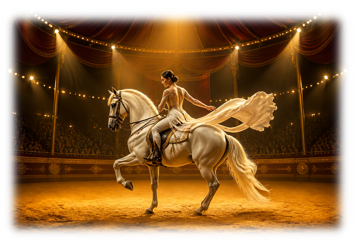 Motiv: Showreiten mit weißem Pferd – T-Shirt – KI-gestaltetes Pferdemotiv