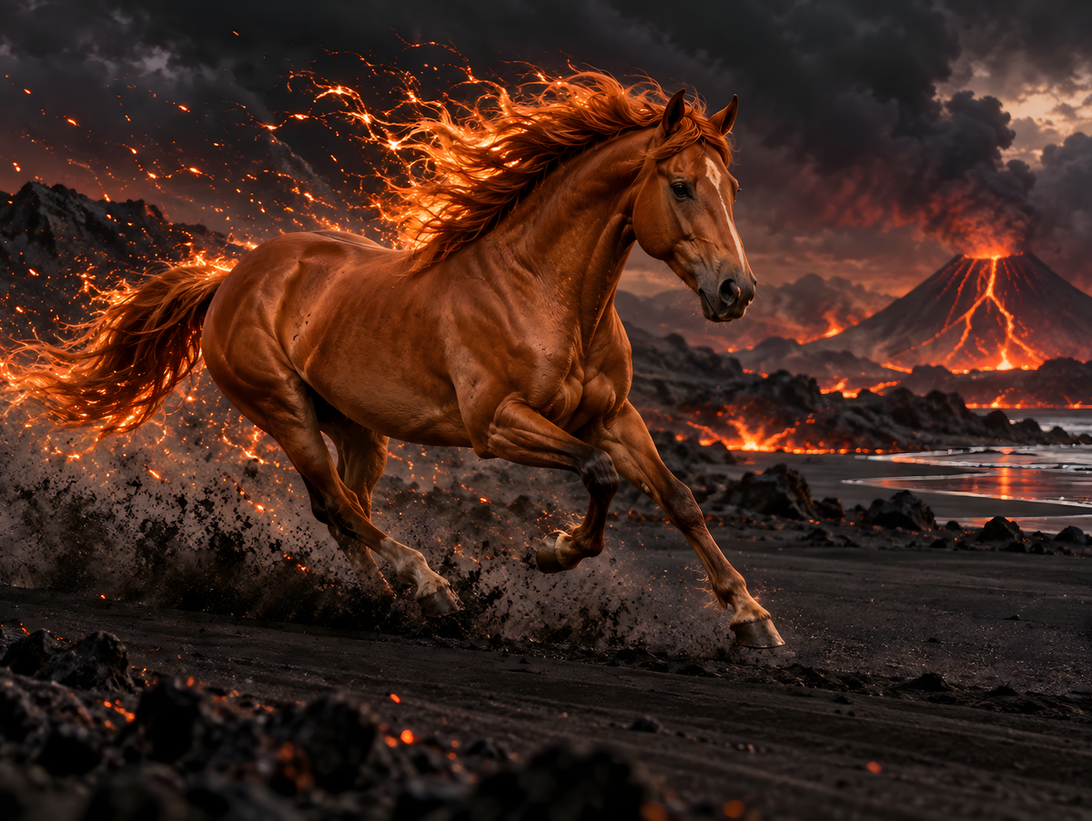 Motiv: Feuermähne am Vulkan – Poster mit Leisten 40×50 cm – KI-gestaltetes Pferdemotiv