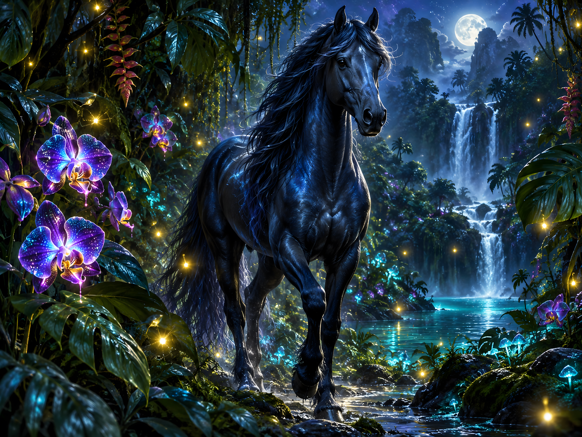 Motiv: Rappe im Orchideendschungel – Poster mit Leisten 40×50 cm – KI-gestaltetes Pferdemotiv