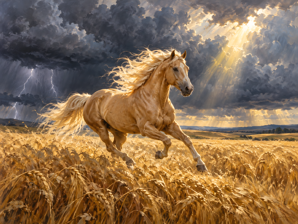 Motiv: Palomino im Weizensturm – Poster mit Leisten 40×50 cm – KI-gestaltetes Pferdemotiv