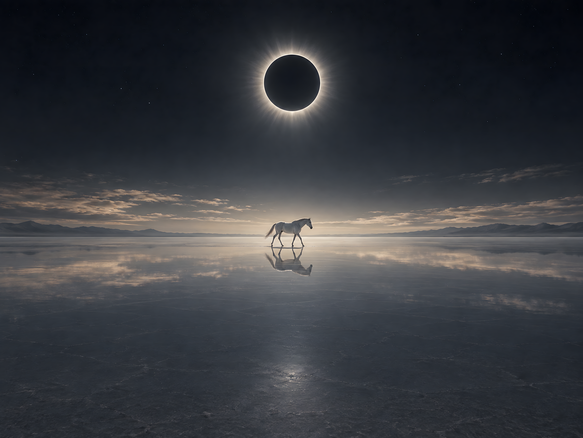 Motiv: Pferd unter der schwarzen Sonne – Poster mit Leisten 40×50 cm – KI-gestaltetes Pferdemotiv