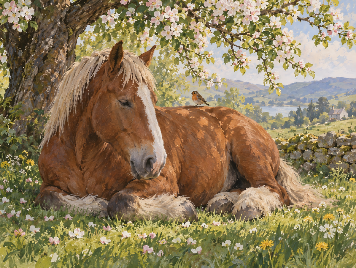 Motiv: Kaltblut unter dem Apfelbaum – Poster mit Leisten 40×50 cm – KI-gestaltetes Pferdemotiv