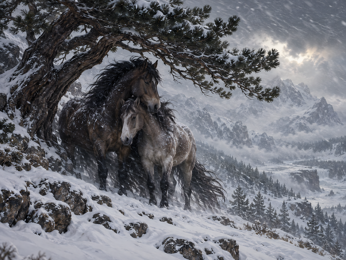 Motiv: Zwei Pferde im Schneesturm – Poster mit Leisten 40×50 cm – KI-gestaltetes Pferdemotiv