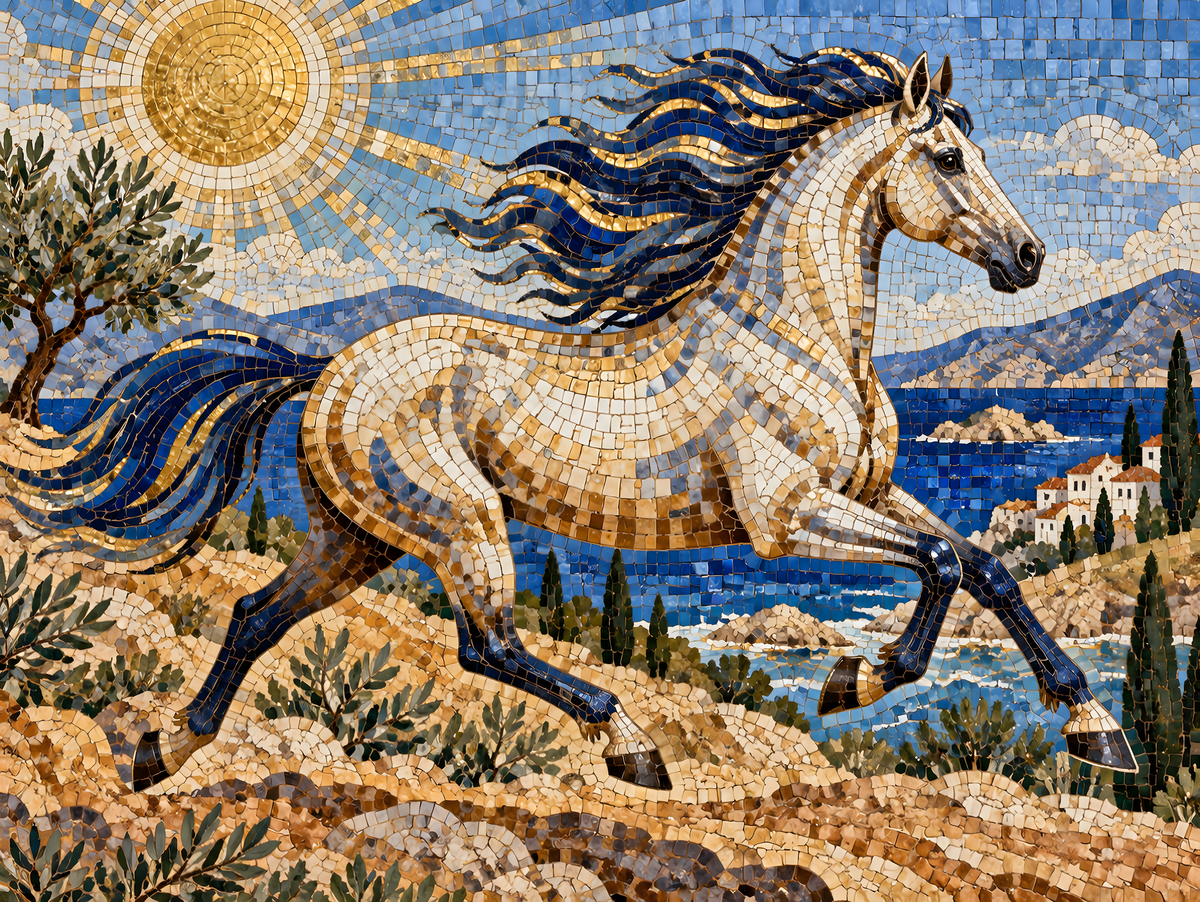 Motiv: Mosaikpferd am Mittelmeer – Poster mit Leisten 40×50 cm – KI-gestaltetes Pferdemotiv