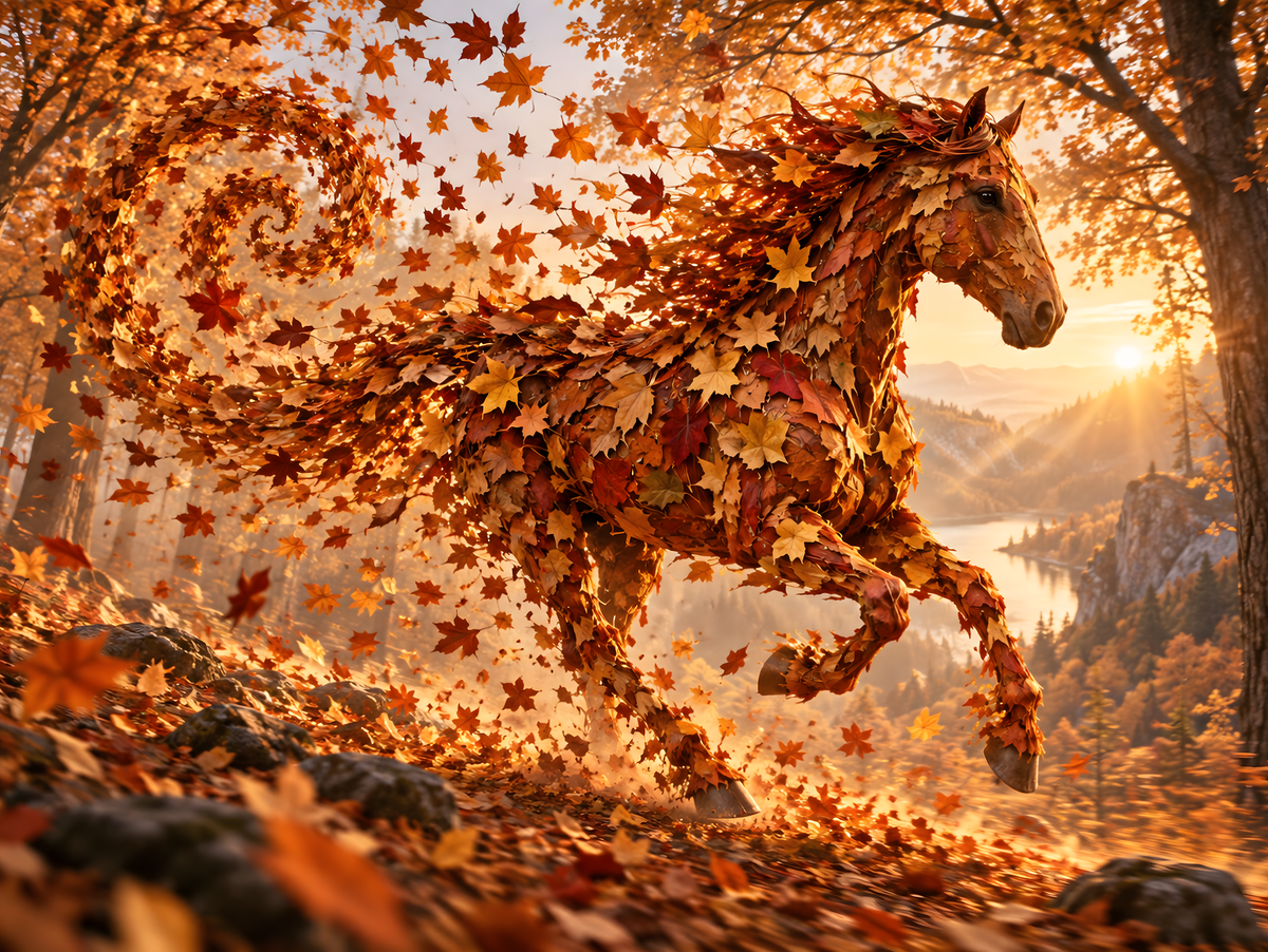 Motiv: Pferd aus Herbstlaub – Poster mit Leisten 40×50 cm – KI-gestaltetes Pferdemotiv