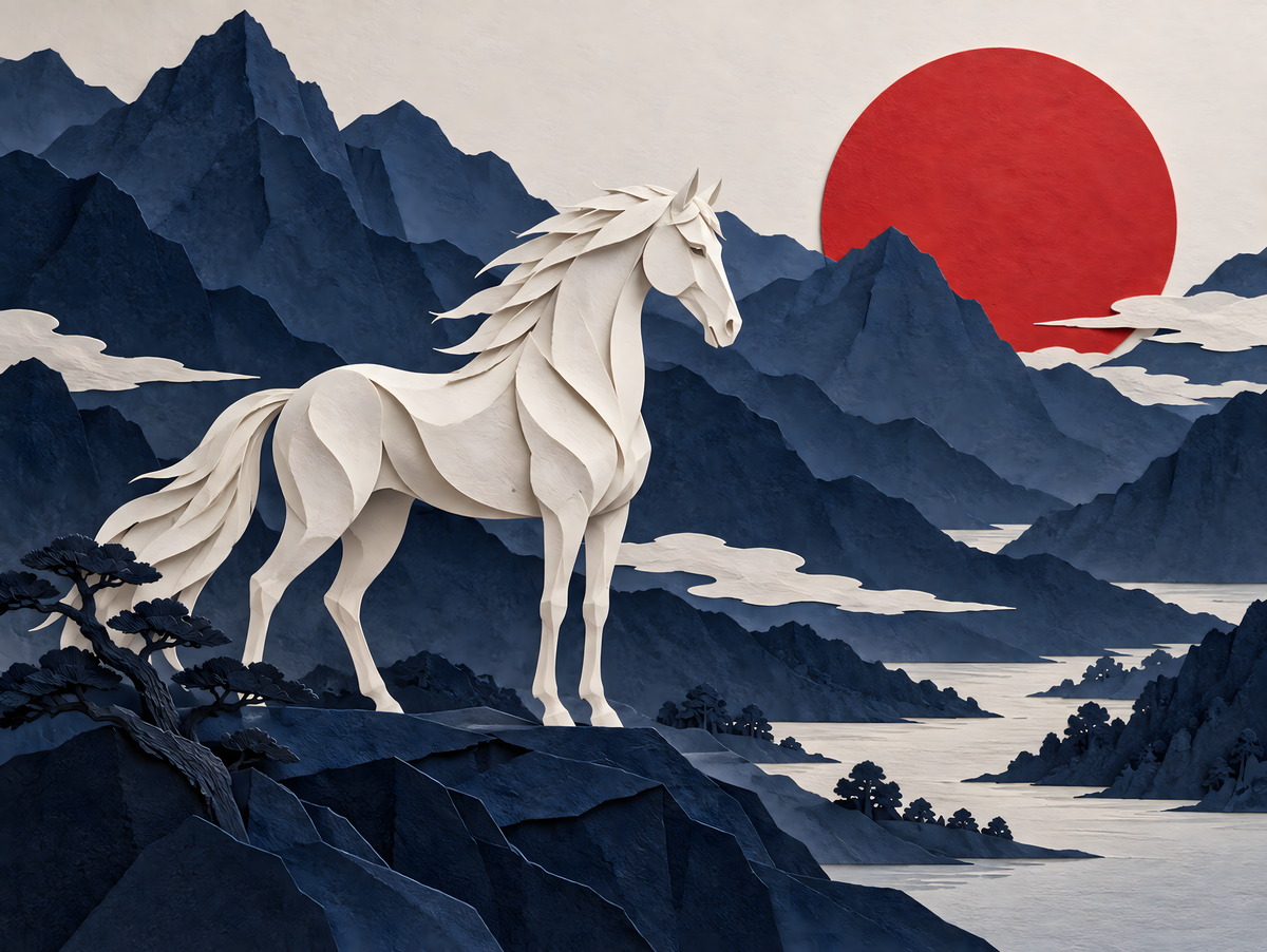 Motiv: Papierpferd vor roter Sonne – Poster mit Leisten 40×50 cm – KI-gestaltetes Pferdemotiv