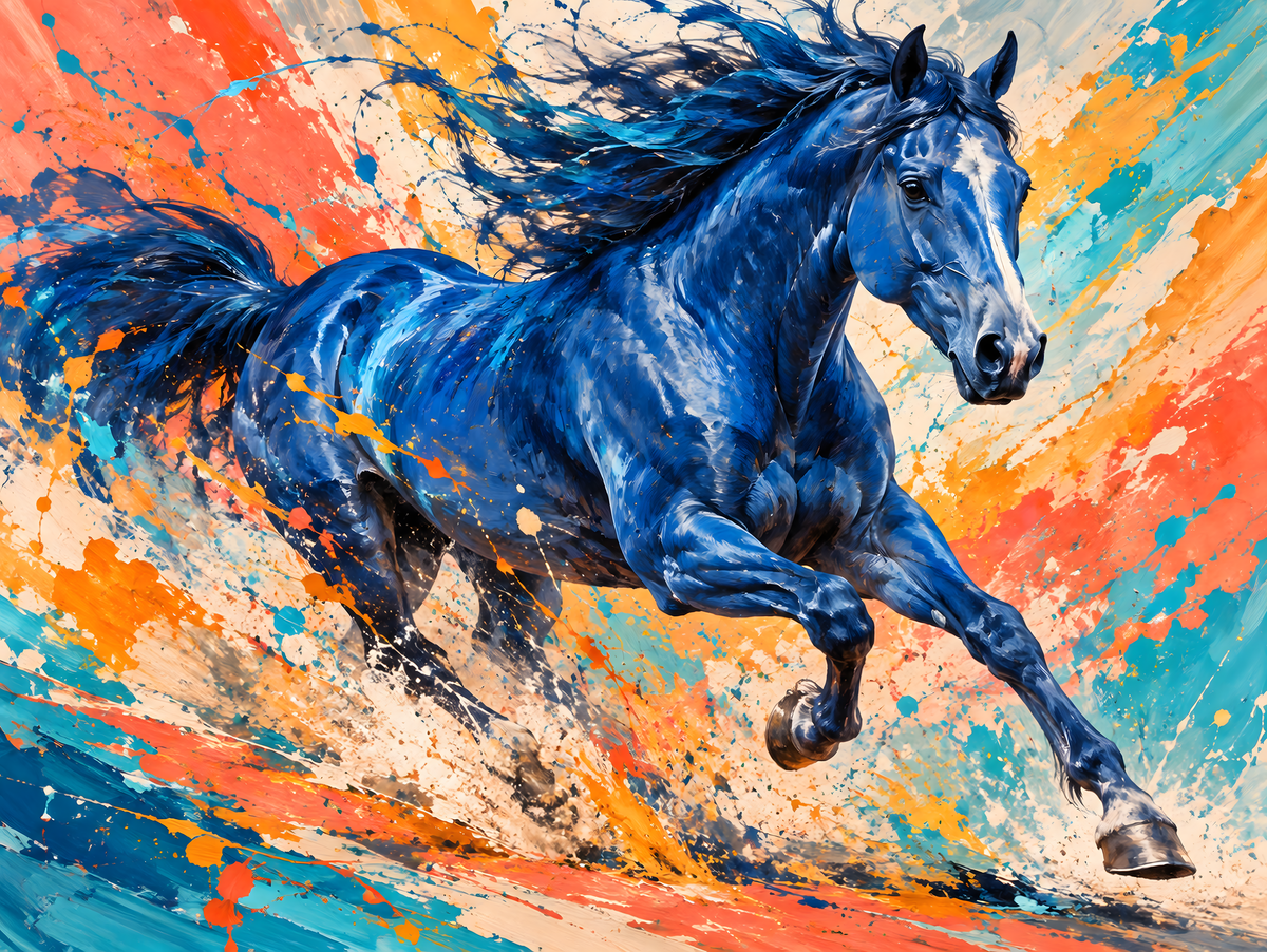Motiv: Blaues Pferd in Farbspritzern – Poster mit Leisten 40×50 cm – KI-gestaltetes Pferdemotiv