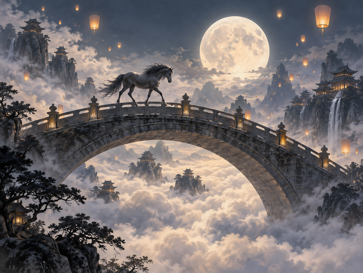 Motiv: Rappe auf der Wolkenbrücke – Poster mit Leisten 40×50 cm – KI-gestaltetes Pferdemotiv