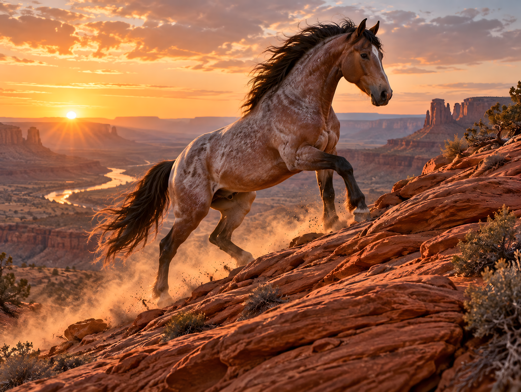 Motiv: Mustang am roten Hang – Forex-Bild 50×70 cm – KI-gestaltetes Pferdemotiv