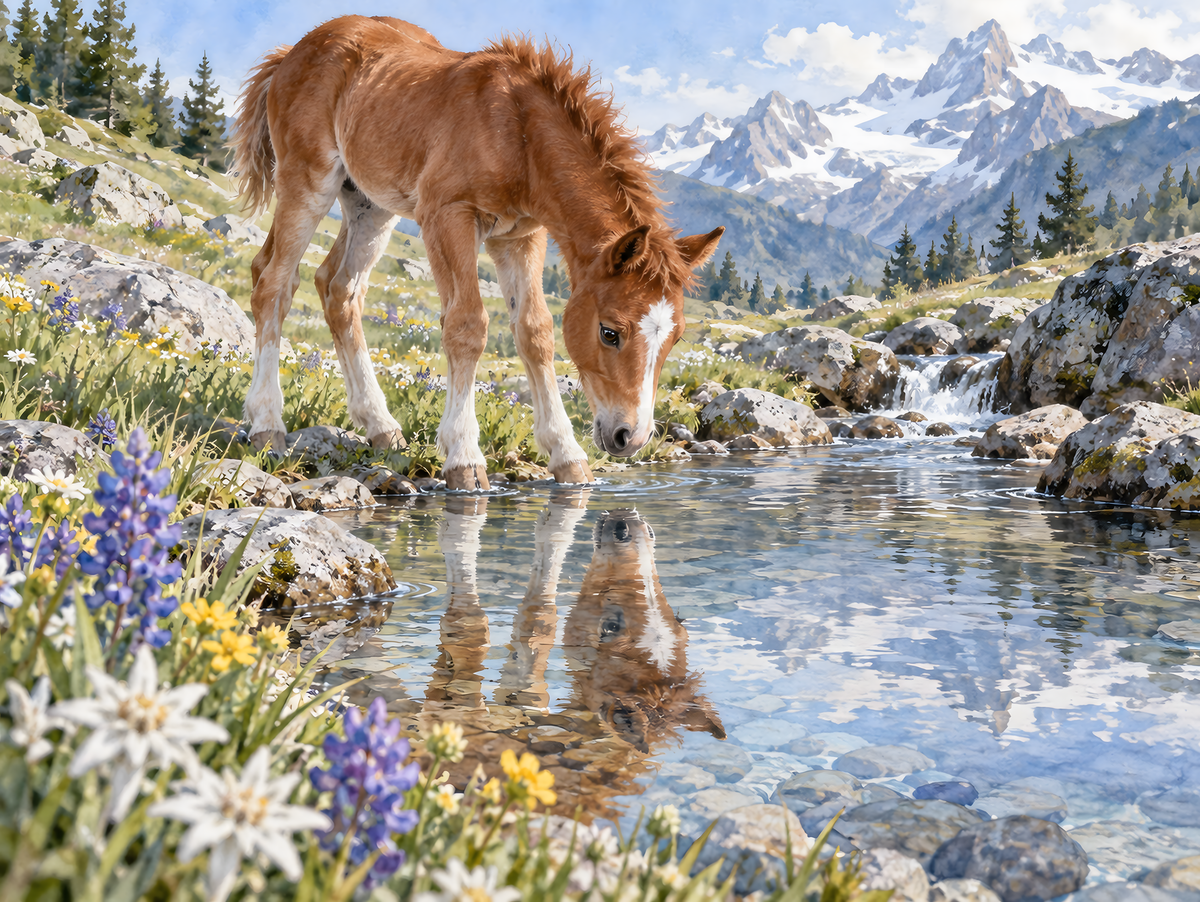 Motiv: Fohlen am Bergbach – Kunstdruck 70×100 cm – KI-gestaltetes Pferdemotiv