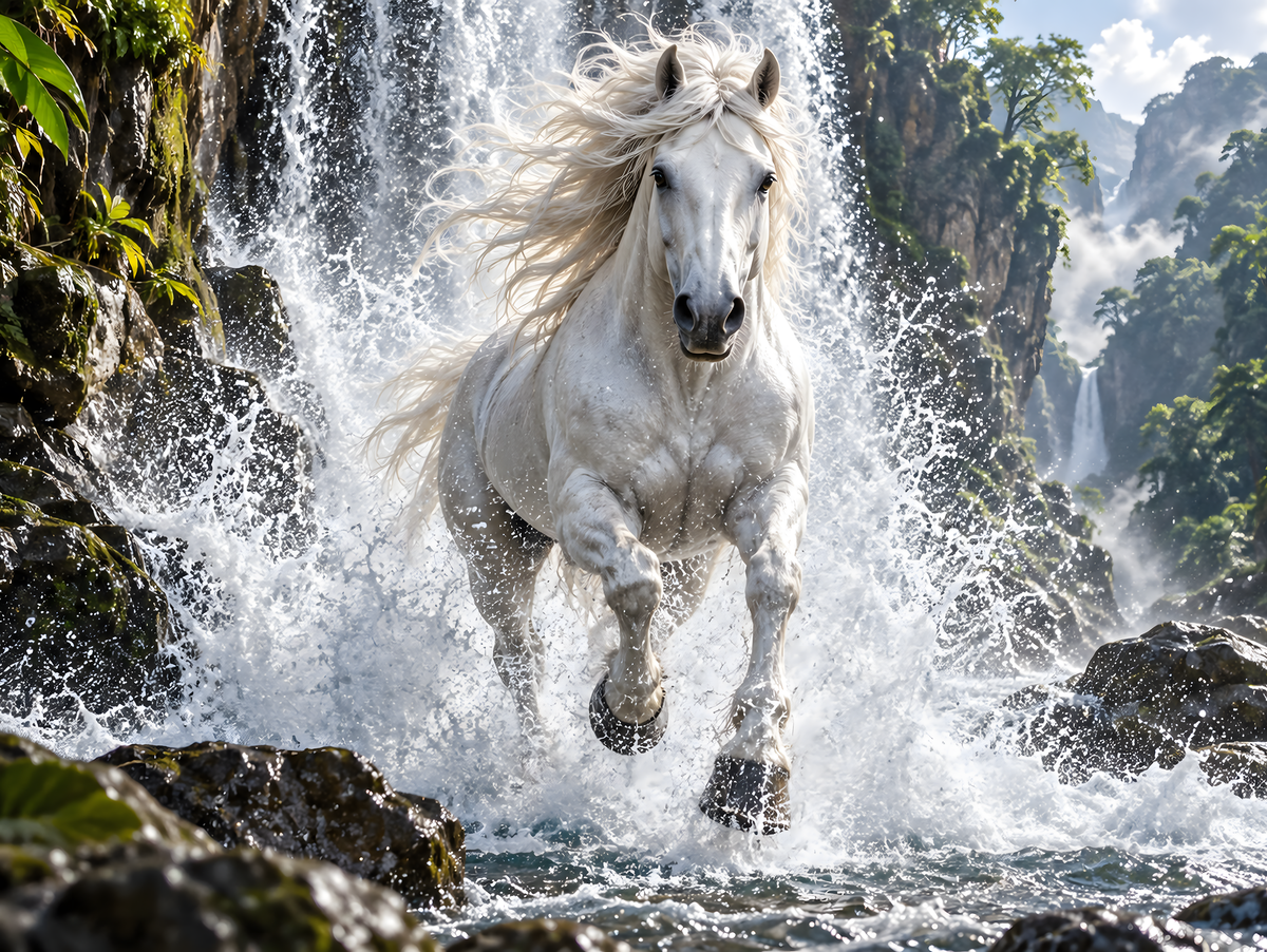 Motiv: Schimmel durch den Wasserfall – Poster mit Leisten 40×50 cm – KI-gestaltetes Pferdemotiv