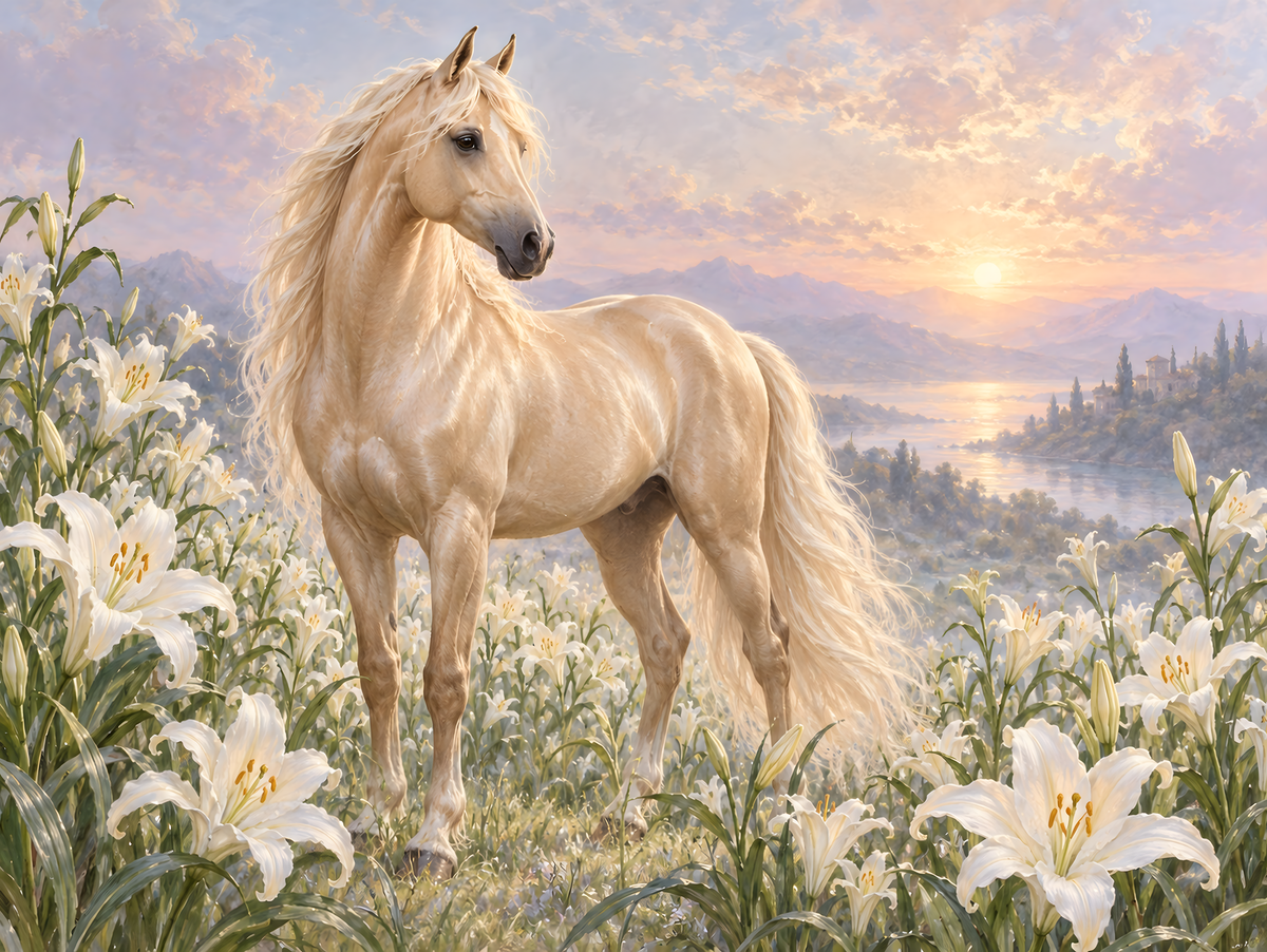 Motiv: Cremello im Lilienfeld – Poster mit Leisten 40×50 cm – KI-gestaltetes Pferdemotiv
