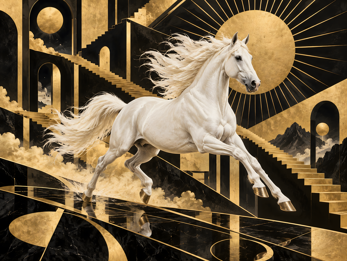 Motiv: Schimmel im Art-déco-Gold – Poster mit Leisten 40×50 cm – KI-gestaltetes Pferdemotiv