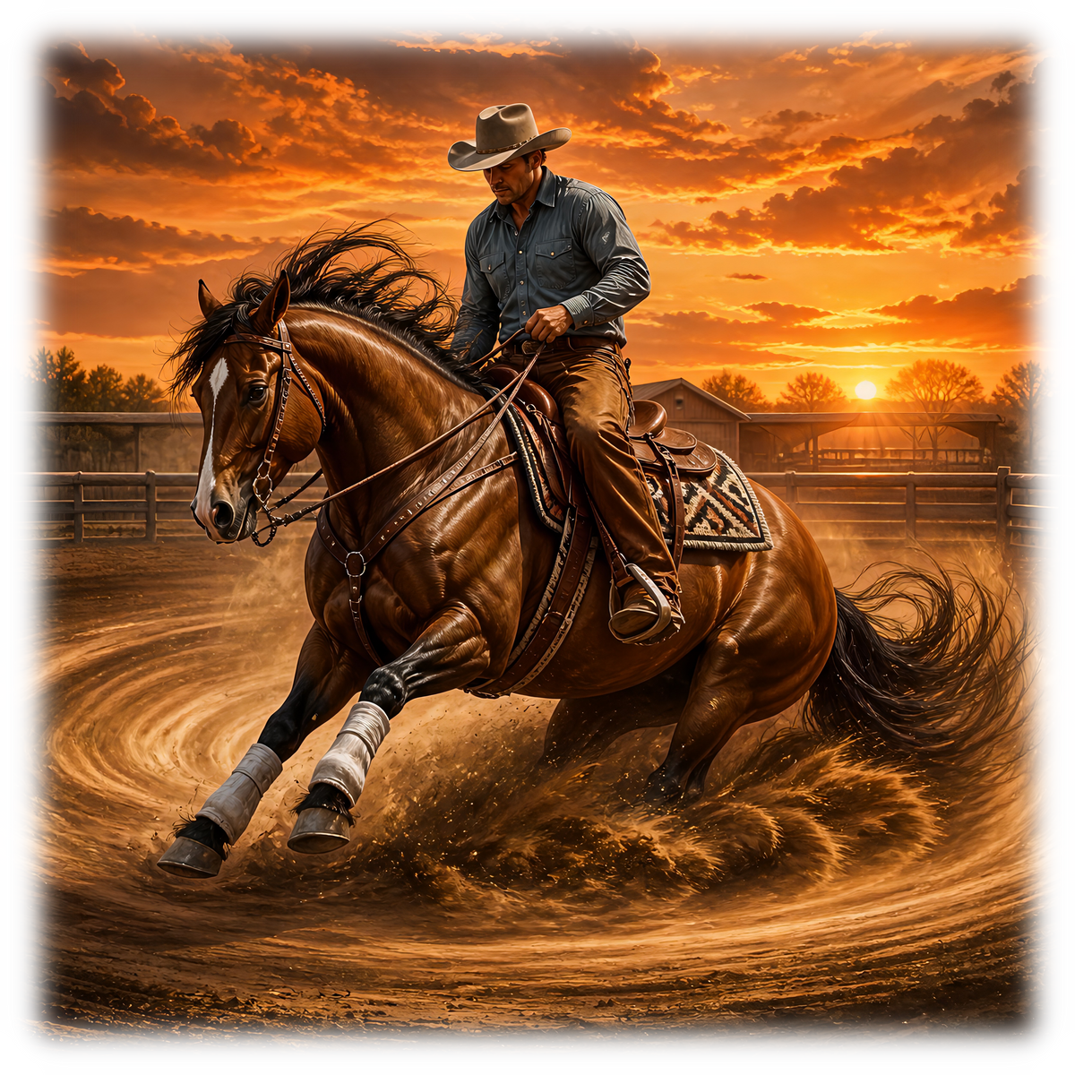 Motiv: Reining im Sonnenuntergang – Hoodie – KI-gestaltetes Pferdemotiv