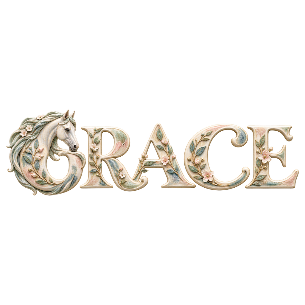 Motiv: Grace – Schimmel in der Blütenschrift – Damen-T-Shirt V-Ausschnitt – KI-gestaltetes Pferdemotiv