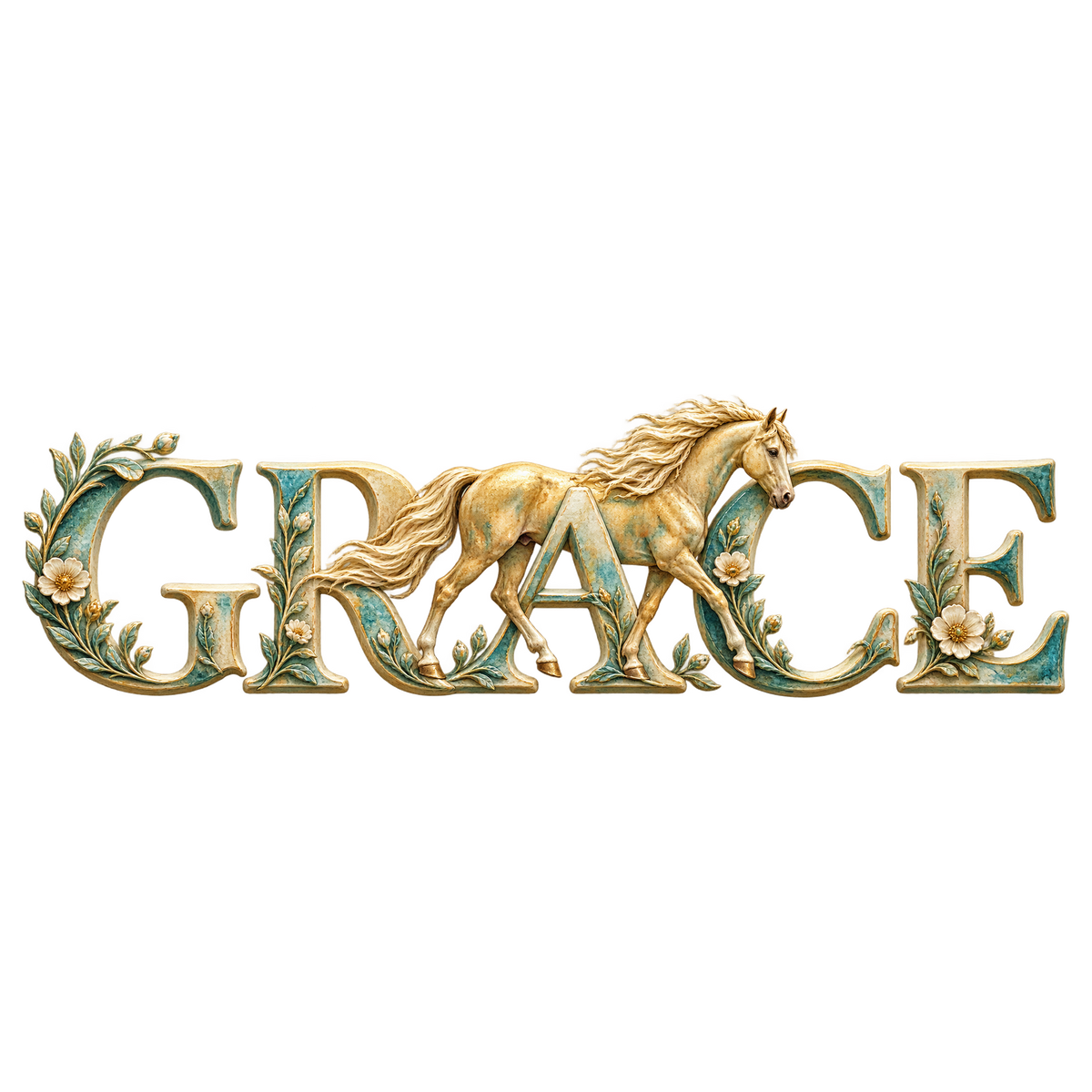 Motiv: Grace – Goldenes Pferd in Türkis – Pullover mit Rückendruck – KI-gestaltetes Pferdemotiv