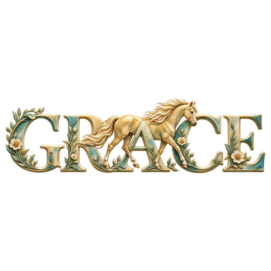 Motiv: Grace – Goldenes Pferd in Türkis – Damen-T-Shirt – KI-gestaltetes Pferdemotiv