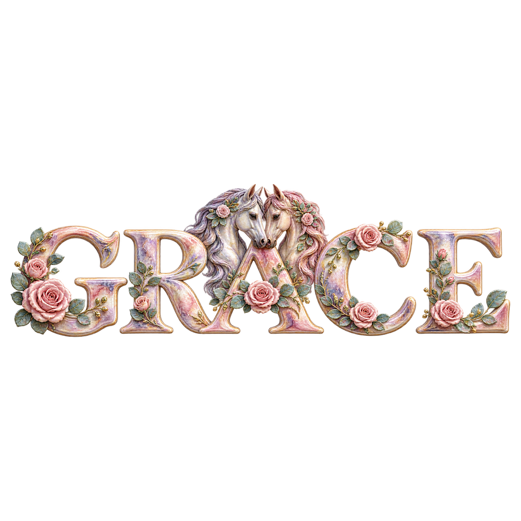 Motiv: Grace – Pferdepaar zwischen Rosen – T-Shirt – KI-gestaltetes Pferdemotiv