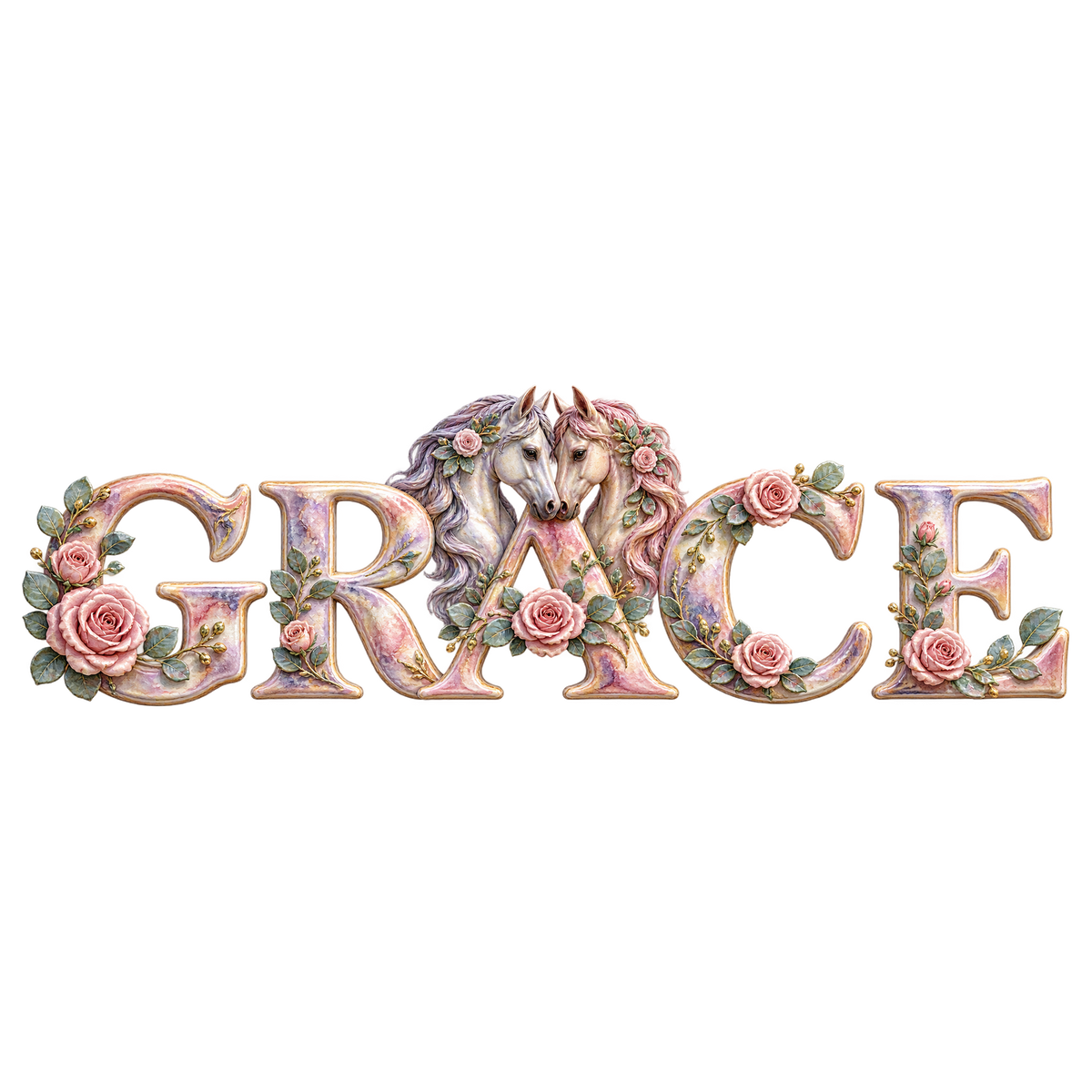 Motiv: Grace – Pferdepaar zwischen Rosen – T-Shirt – KI-gestaltetes Pferdemotiv