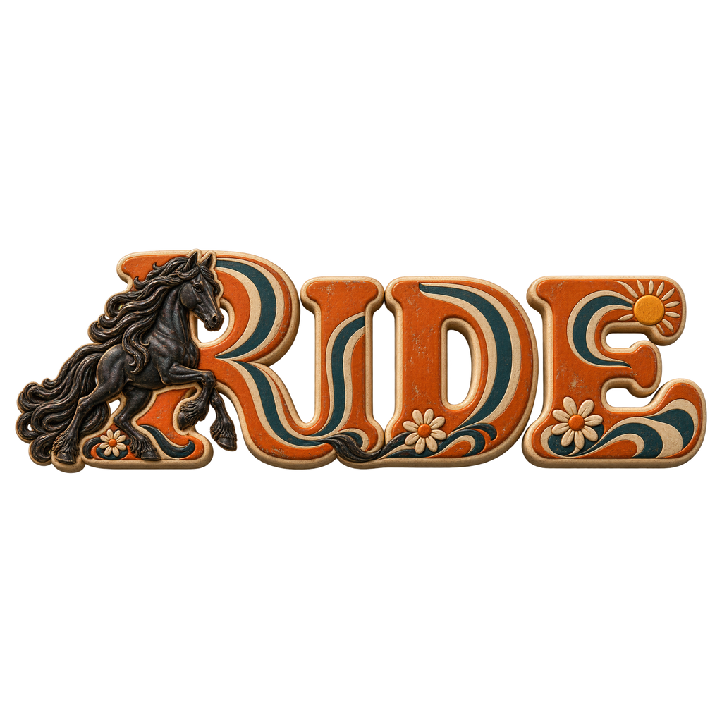 Motiv: Ride – Friese im Retro-Orange – T-Shirt – KI-gestaltetes Pferdemotiv