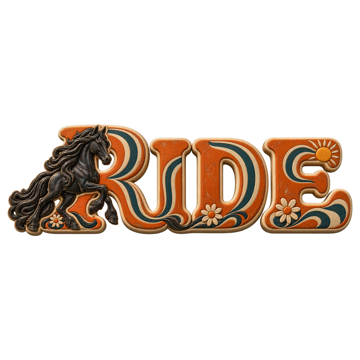 Motiv: Ride – Friese im Retro-Orange – T-Shirt – KI-gestaltetes Pferdemotiv