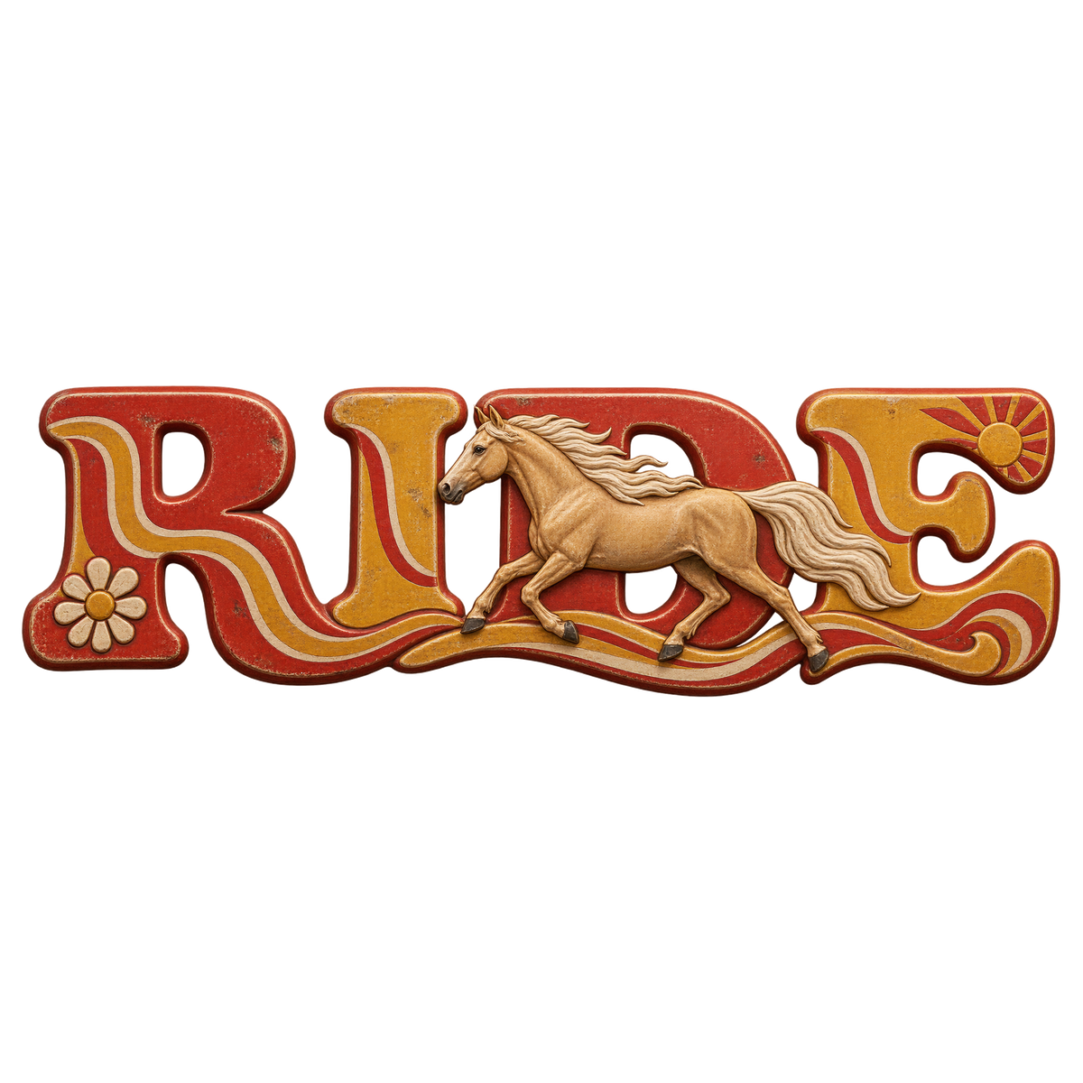 Motiv: Ride – Palomino im Retro-Rot – T-Shirt – KI-gestaltetes Pferdemotiv