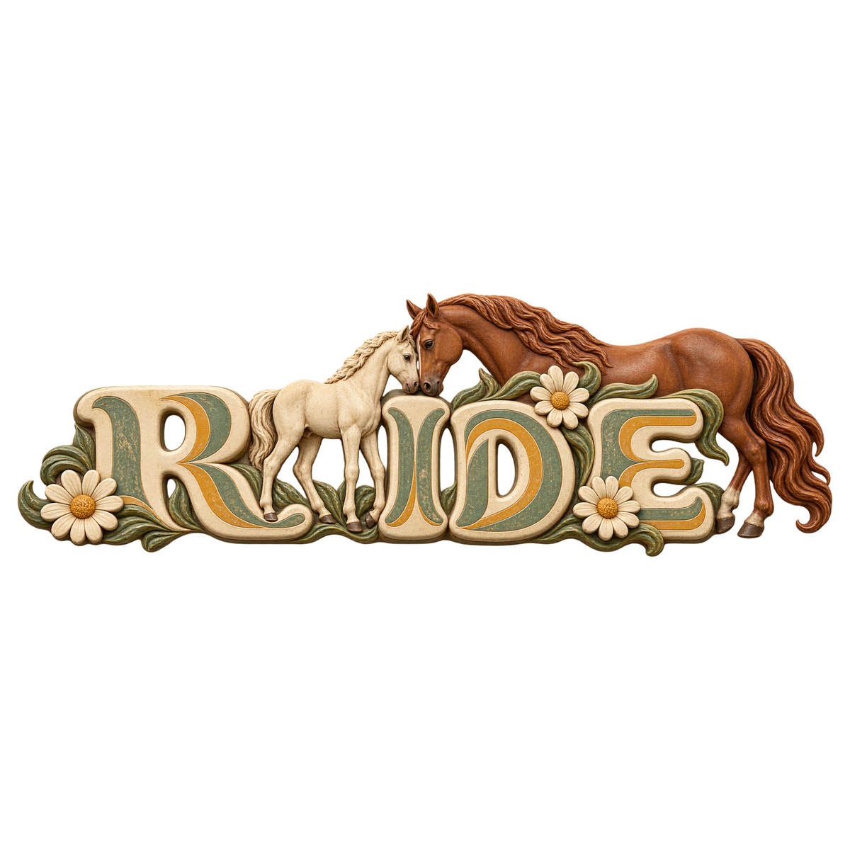 Motiv: Ride – Stute und Fohlen im Blumenmeer – Damen-T-Shirt – KI-gestaltetes Pferdemotiv